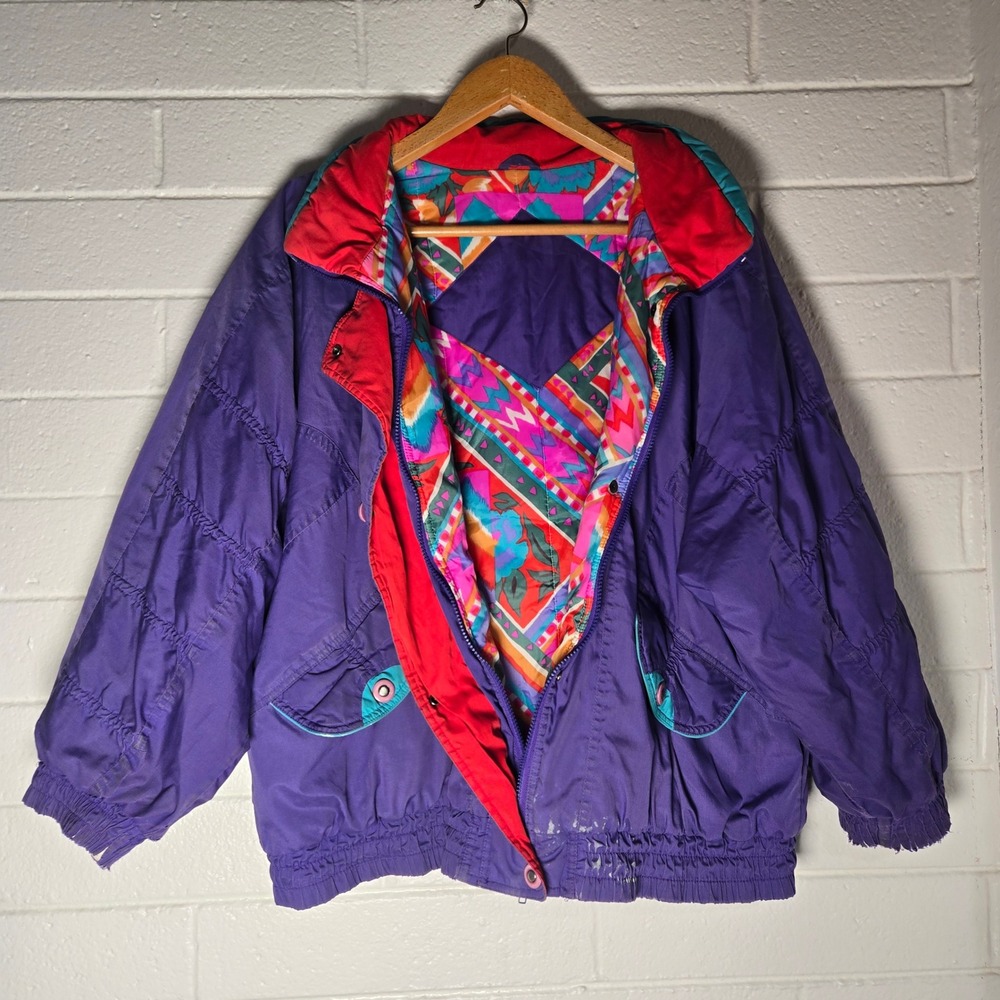 Vtg Izzi Womens 80s 90s Ski Jacket Purple Geometric Print XL Puffy Bomber Retro